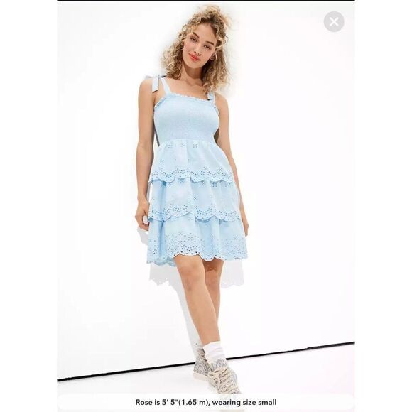 AE Solid Eyelet Smocked Mini Dress Size XS NWT - Picture 1 of 16